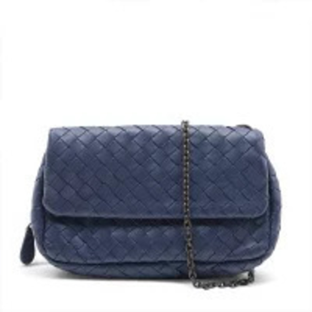 Bottega Veneta Nappa Leather Flap Intrecciato Olympia Shoulder Bag Blue